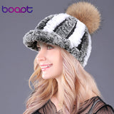 Striped Fur PomPom Hat (Winter Beanies) for Woman