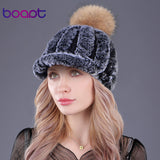 Striped Fur PomPom Hat (Winter Beanies) for Woman