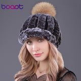 Striped Fur PomPom Hat (Winter Beanies) for Woman